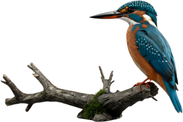 Kingfisher birds sits on a branch in the forest on a white background, png
