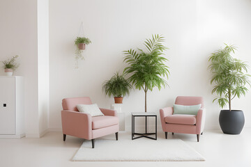 Fototapeta premium Minimalist Living Room with Pink Accents and Armchairs
