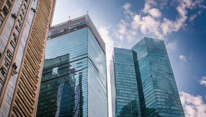 reflective skyscraper business office buildings, captured from a bottom-up perspective, showcasing the impressive architectural design of a modern cityscape. 