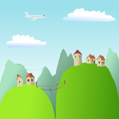 Fototapeta premium Green grassy mountains on the background of a mountain landscape and small houses in the distance. Vector illustration, mountain everyday life, silence, clean air and cartoon landscape design. Some