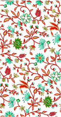 colorful Indian kalamkari floral outline pattern design.