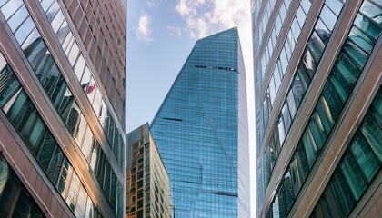 reflective skyscraper business office buildings, captured from a bottom-up perspective, showcasing the impressive architectural design of a modern cityscape. 