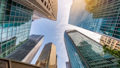 reflective skyscraper business office buildings, captured from a bottom-up perspective, showcasing the impressive architectural design of a modern cityscape. 