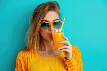 Drinking Straw. Young Woman Enjoying Detox Smoothie for Healthy Diet on Blue Wall Background