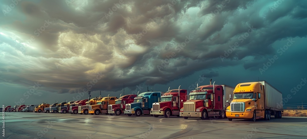 Wall mural a row of semi trucks are parked in a lot under a cloudy sky