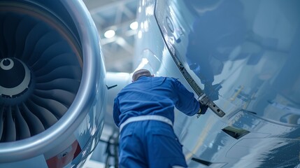 An aviation safety engineer meticulously examines the exterior of a commercial airplane, performing a routine maintenance check to ensure the aircrafts safety and airworthiness before flight.