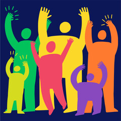 A large crowd of people with their hands raised in the air. Volunteer Day vector illustration banner