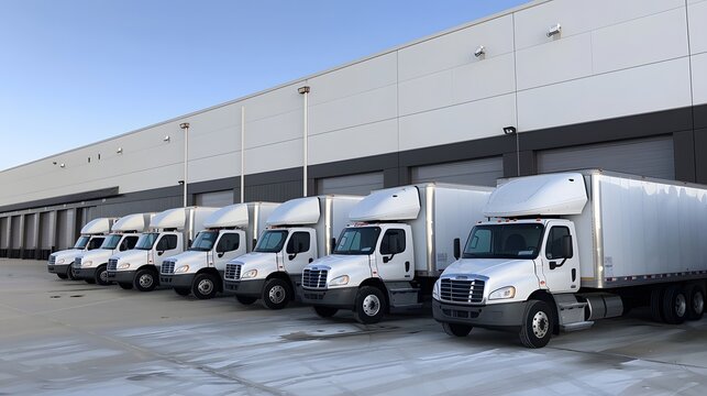 A row of white trucks is parked outside a warehouse. White freight semi trucks loading or unloading. Road cargo transportation