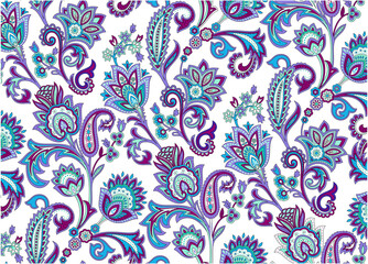 colorful Indian kalamkari floral outline pattern design.