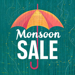 Monsoon season sale green background with colorful umbrellas