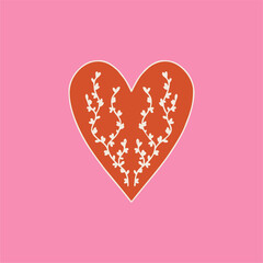 Retro psychedelic poster from the 70s-60s. Red heart with flowers. Bright vintage vector illustration. Hippie Boho style, cartoon.