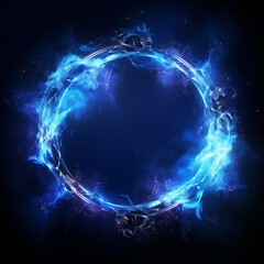 Blue glowing ring on a dark background. Blue energy circle, glowing blue smoke ring decorative banner. Digital raster bitmap illustration. AI artwork poster.