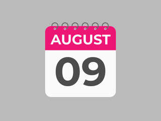 August 9 calendar reminder. 9 August daily calendar icon template. Calendar 9 August icon Design template. Vector illustration
