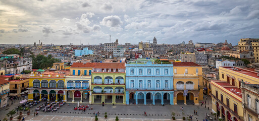 aerial view of Old Havana Plaza Vieja with colorful tropical buildings, Havana, Cuba