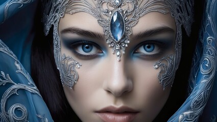 Dark fantasy portrait: Exquisite silver threads, like spun moonlight, weave a woman's face. Captivating blue eyes pierce the smoky veil. Artistry unbound, a surreal glimpse into the otherworldly.