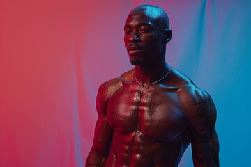 Obraz premium A shirtless African bodybuilder displays muscular strength and fitness, exuding masculinity and power.
