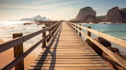 wooden pier on the beach on a sunny day.AI generated image