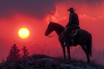 At sunset, a cowboy silhouette on horseback against the orange sky in the Wild West.