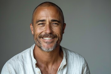 A friendly and confident Hispanic man in his forties smiles warmly in a portrait, exuding positivity and charm.