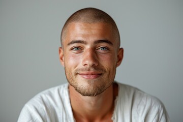 A confident, stylish model with a winning smile exudes positivity and success in a casual shirt.