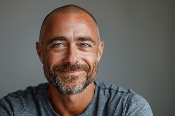 Obraz premium A single, handsome man with a positive smile exudes confidence and joy in a casual, smart portrait.