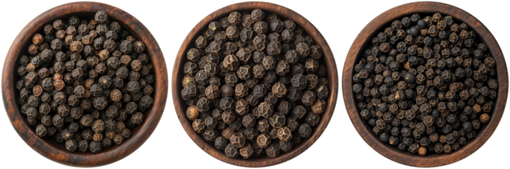 set of peppercorn black pepper in brown wooden bowl, cut out