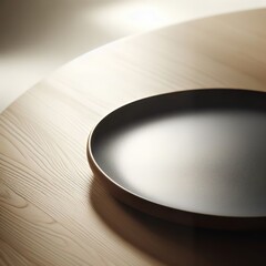 Sunlit Empty Porcelain Plate on Textured Wooden Table, Emphasizing Minimalist Interior Design and Elegance