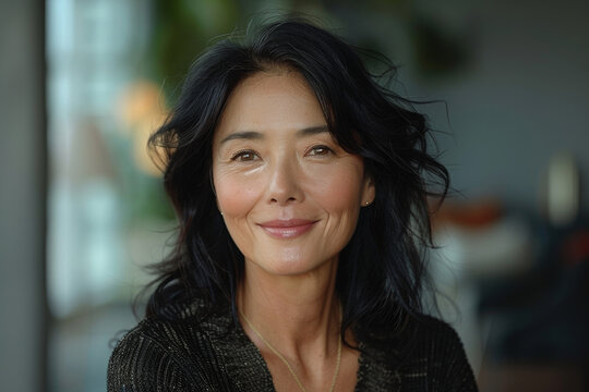 Confident, elegant Korean grandmother radiates joy and happiness in an attractive outdoor portrait.