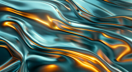 Obraz premium Shimmering Blue Waves: Fluid fabric of silk-like texture flows gracefully, illuminated by metallic gold and silver hues, creating a mesmerizing ripple effect