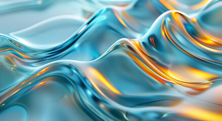 Blue Background: 3D render of colorful fluid metallic liquid waves on a blue background, abstract wavy cloth with golden light reflections, fluid wave design, fluid shapes, fluid art