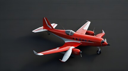 Aerial view of red single-engine airplane on gray tarmac.generative.ai