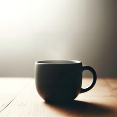 Minimalist design of a black ceramic mug casting a shadow on a wooden surface
