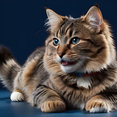 Maine Coon cat with blue eyes and collar on blue background