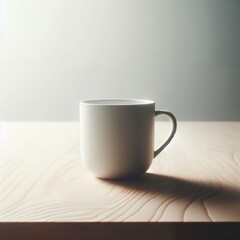 Minimalist White Ceramic Mug on Wooden Table Illuminated by Soft Morning Light