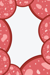 Fototapeta premium Slices of salami sausage border. Frame of Salame Meat delicatessen gastronomic product. National Salami Day