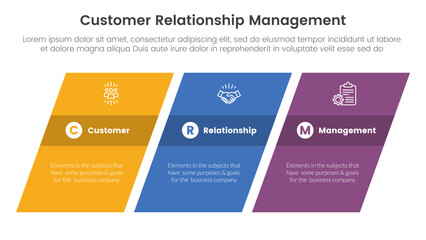 CRM customer relationship management infographic 3 point stage template with rectangle skew or tilt for slide presentation