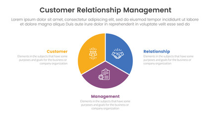 CRM customer relationship management infographic 3 point stage template with circle pie chart diagram for slide presentation