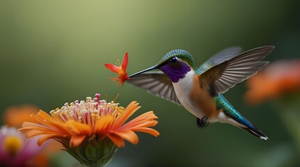 beautiful vibrant colored humming birds flying and aiming on a flower nectar.generative.ai