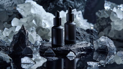 Black Face serum elixir bottles set against raw black rocks and white crystals in a product shot