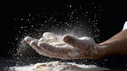 a chef makes bread with white Flour flying in the air on a black background.AI generated image