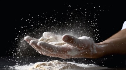 Fototapeta premium a chef makes bread with white Flour flying in the air on a black background.AI generated image