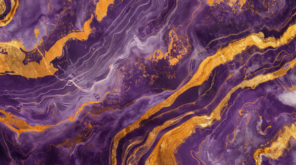 Obraz premium Abstract purple and gold marble background with flowing patterns, golden swirls. Vector illustration design template for wedding invitation.