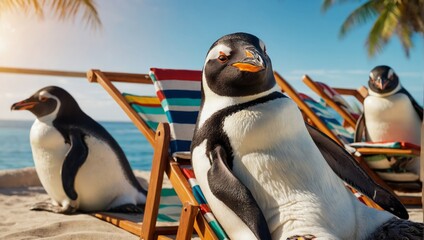 penguins on vacation relaxing on a sun lounger