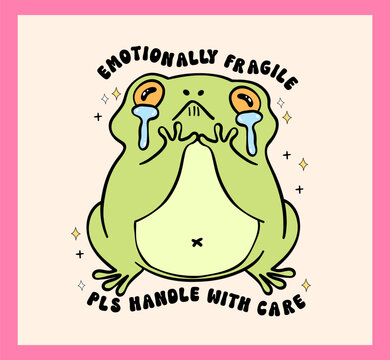 Groovy Retro frog crying emotionally fragile handle with care vibrant pastel drawing sticker printable