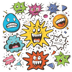 Assortment colorful cartoon virus characters expressing various emotions, vibrant comical microorganisms. Collection funny stylized pathogen illustrations, comic style germ icons scattered