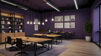 Modern Office Space with Purple Accents and Wooden Furniture