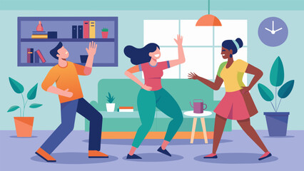 What once was a typical living room is now transformed into a dance floor as friends break out into a Zumba routine.. Vector illustration