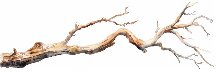 Tree Branch Drawing. Watercolor Illustration of Botanical Tree Stick Element on White Background