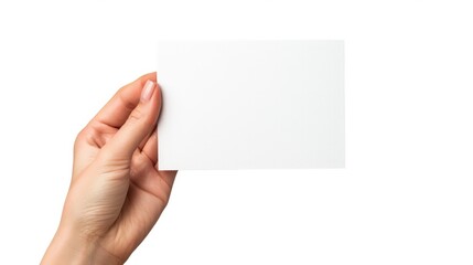 Hand Holding Sign. Woman Holding Blank Paper Card on White Background