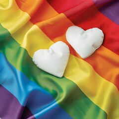 Two White hearts on LGBT rainbow flag, representing the concept about human rights and equality.